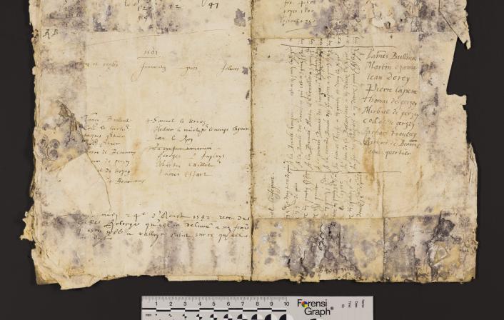 St Peter Port: Greffe, Langlois C.2 Notebook containing list of properties on Fief Le Comte that pay Champart (pre-1592) (2) back inside